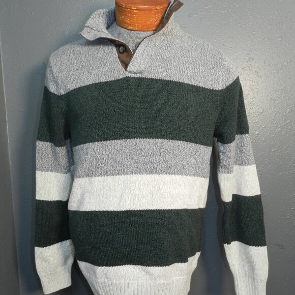Chaps Mens Dark Green Grey And White Long Sleeve Stripped Sweater Size Medium - Picture 1 of 5